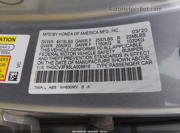 1HGCV3F95LA009816 2020 HONDA ACCORD Silver Engine compartment view