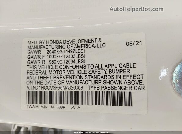 1HGCV3F95MA020008 2021 HONDA ACCORD White Շարժիչի բաժամունքի տեսք