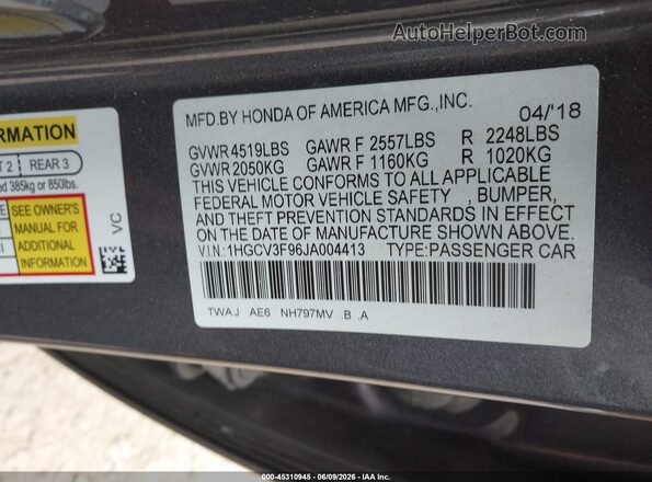 1HGCV3F96JA004413 2018 HONDA ACCORD Gray Вид підкапотного простору