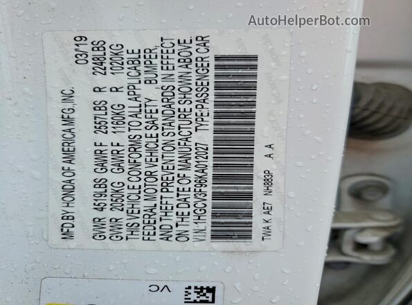 1HGCV3F96KA012027 2019 HONDA ACCORD White 