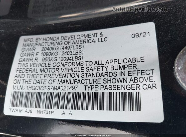 1HGCV3F97MA021497 2021 HONDA ACCORD Black Engine compartment view
