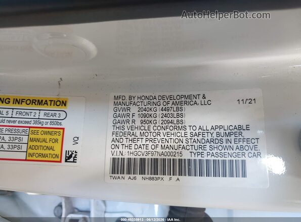 1HGCV3F97NA000215 2022 HONDA ACCORD Белый Вид подкапотного пространства