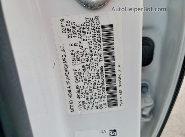 1HGCV3F98KA008495 2019 HONDA ACCORD Белый 
