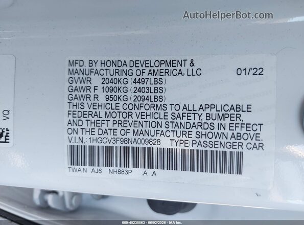 1HGCV3F98NA009828 2022 HONDA ACCORD White Շարժիչի բաժամունքի տեսք