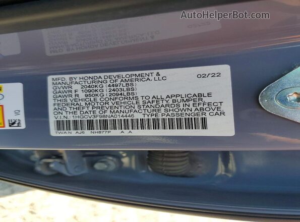 1HGCV3F98NA014446 2022 HONDA ACCORD Gray ძრავის განყოფილების ხედი