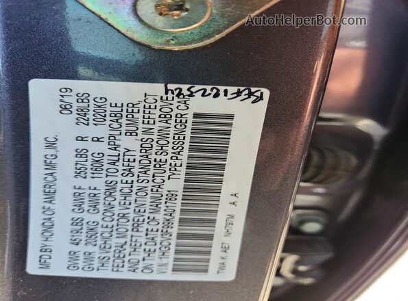 1HGCV3F99KA017691 2019 HONDA ACCORD Gray Widok komory silnika