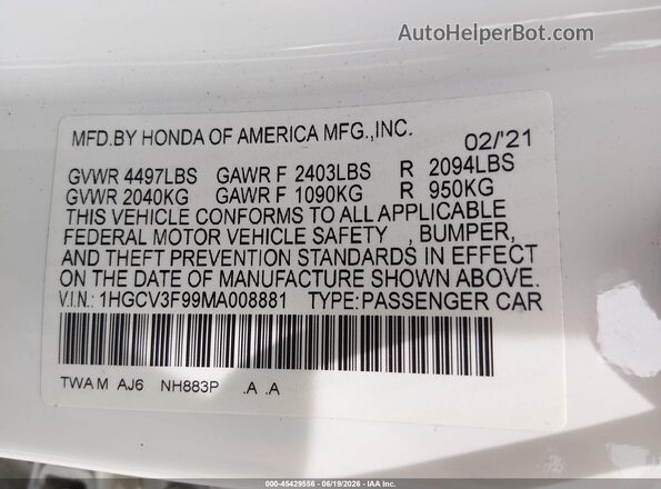 1HGCV3F99MA008881 2021 HONDA ACCORD White Widok komory silnika
