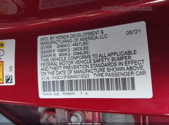 1HGCV3F99MA015023 2021 HONDA ACCORD HYBRID Red 