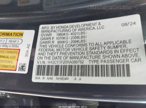 1HGCY1F20RA089792 2024 HONDA ACCORD Gray ძრავის განყოფილების ხედი