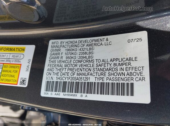 1HGCY1F20SA051291 2025 HONDA ACCORD Gray Vista del compartimento del motor