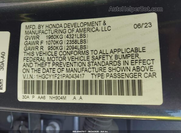 1HGCY1F21PA043417 2023 HONDA ACCORD Gray Շարժիչի բաժամունքի տեսք
