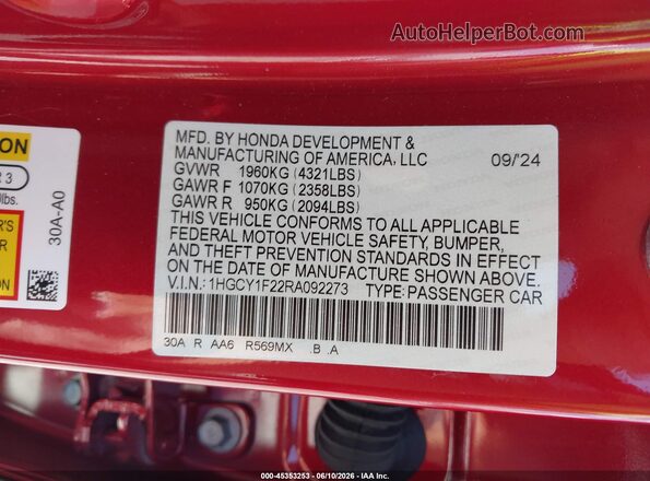 1HGCY1F22RA092273 2024 HONDA ACCORD Red ძრავის განყოფილების ხედი