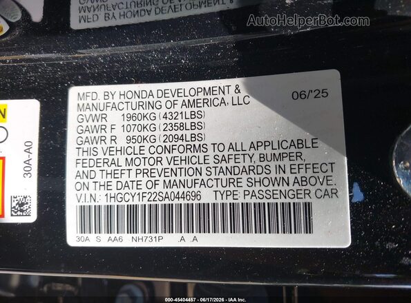 1HGCY1F22SA044696 2025 HONDA ACCORD Black ძრავის განყოფილების ხედი