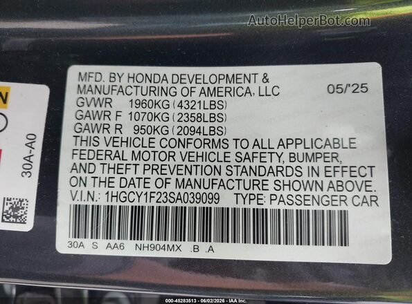 1HGCY1F23SA039099 2025 HONDA ACCORD Gray Vista del compartimento del motor