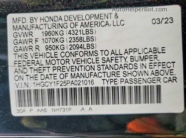 1HGCY1F25PA021016 2023 HONDA ACCORD Black Vista de la etiqueta del VIN