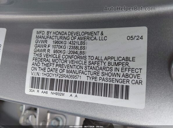 1HGCY1F25RA069571 2024 HONDA ACCORD Gray Widok komory silnika