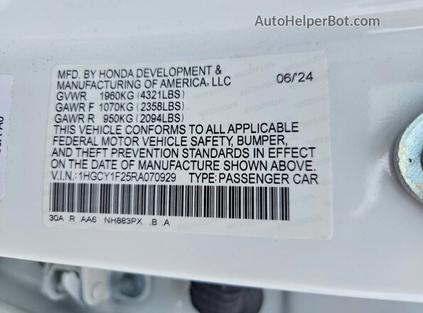1HGCY1F25RA070929 2024 HONDA ACCORD White VIN sticker view