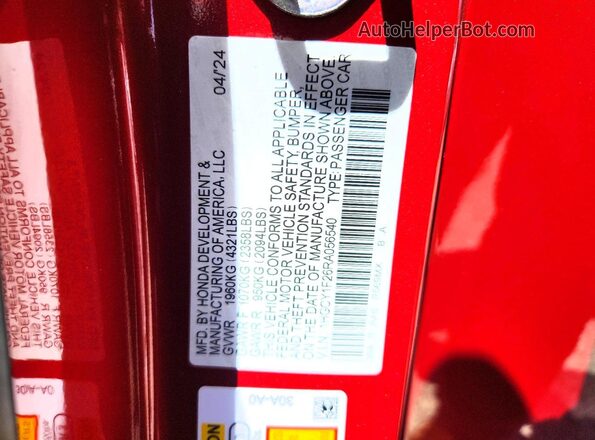 1HGCY1F26RA056540 2024 HONDA ACCORD Red Vista del compartimento del motor