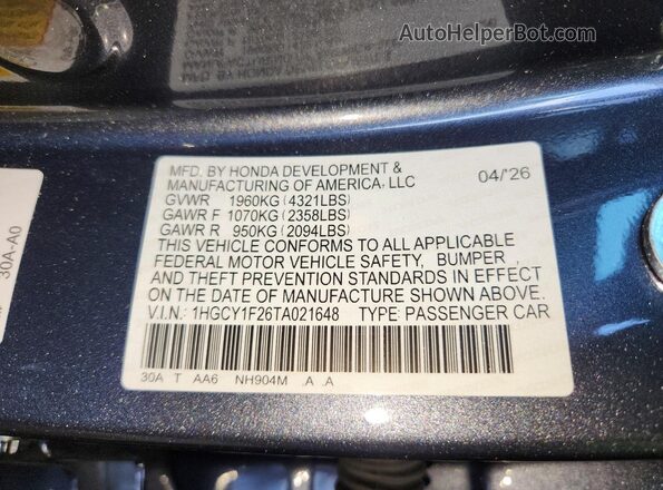 1HGCY1F26TA021648 2026 HONDA ACCORD Gray 