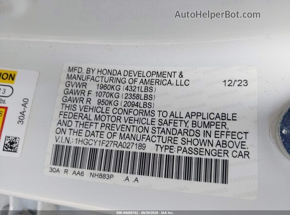 1HGCY1F27RA027189 2024 HONDA ACCORD White Vista del compartimento del motor