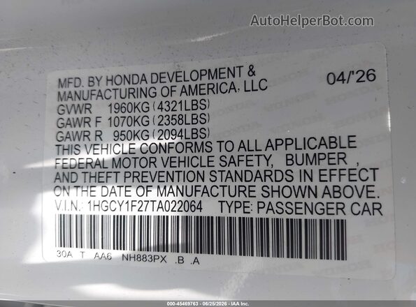 1HGCY1F27TA022064 2026 HONDA ACCORD White Vista del compartimento del motor