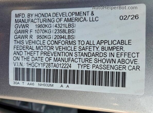 1HGCY1F28TA012224 2026 HONDA ACCORD Silver Vista de la etiqueta del VIN