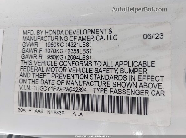 1HGCY1F2XPA042394 2023 HONDA ACCORD White ძრავის განყოფილების ხედი
