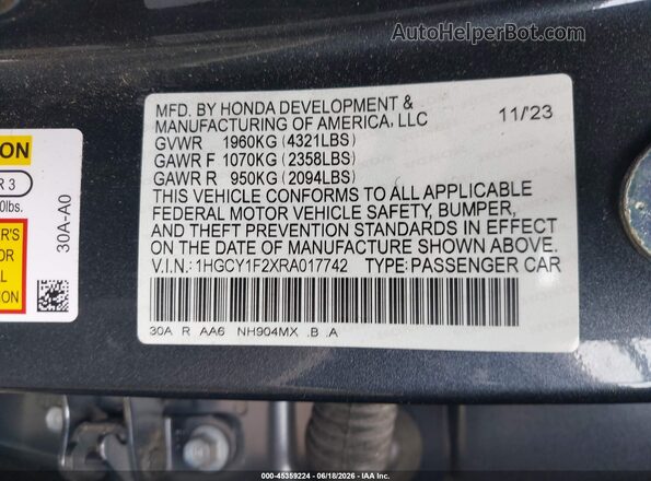1HGCY1F2XRA017742 2024 HONDA ACCORD Gray Vista del compartimento del motor