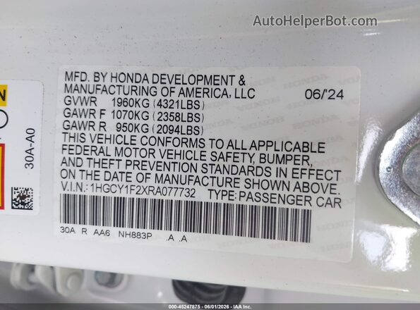 1HGCY1F2XRA077732 2024 HONDA ACCORD Белый Вид подкапотного пространства
