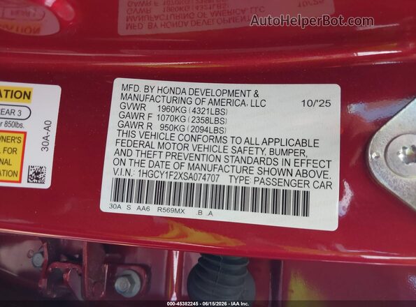 1HGCY1F2XSA074707 2025 HONDA ACCORD Red Vista del compartimento del motor