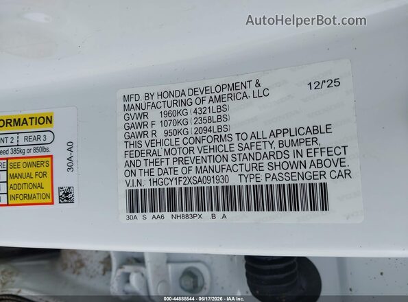 1HGCY1F2XSA091930 2025 HONDA ACCORD White ძრავის განყოფილების ხედი