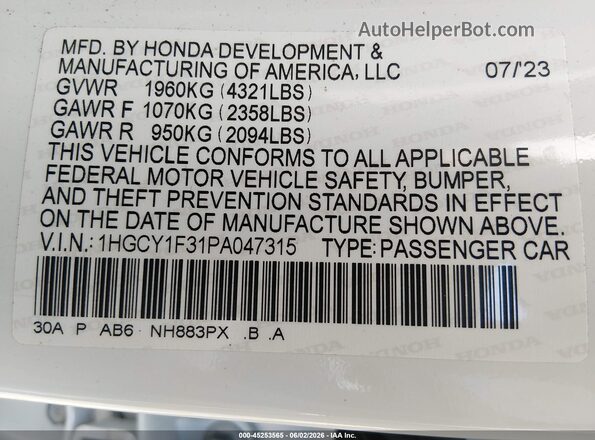 1HGCY1F31PA047315 2023 HONDA ACCORD White Widok komory silnika