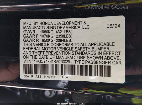 1HGCY1F31RA070029 2024 HONDA ACCORD Black Engine compartment view
