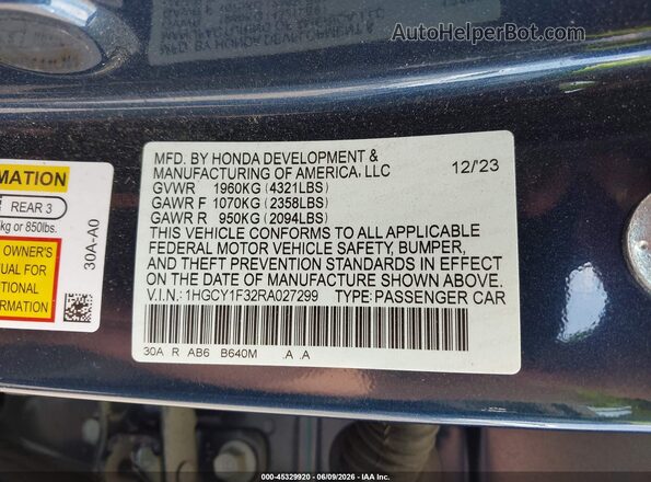 1HGCY1F32RA027299 2024 HONDA ACCORD Blue Շարժիչի բաժամունքի տեսք