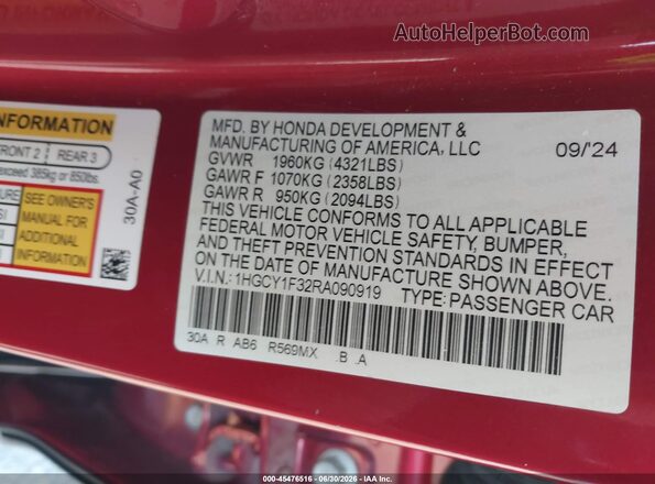 1HGCY1F32RA090919 2024 HONDA ACCORD Red ძრავის განყოფილების ხედი
