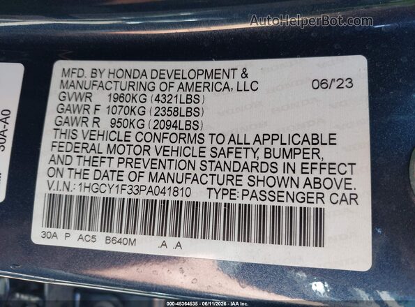 1HGCY1F33PA041810 2023 HONDA ACCORD Blue ძრავის განყოფილების ხედი