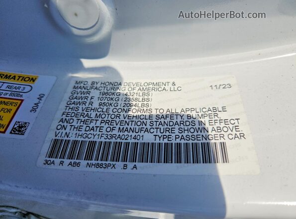 1HGCY1F33RA021401 2024 HONDA ACCORD Белый Вид подкапотного пространства