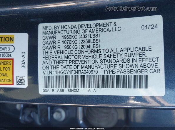 1HGCY1F34RA040670 2024 HONDA ACCORD Синий Вид подкапотного пространства