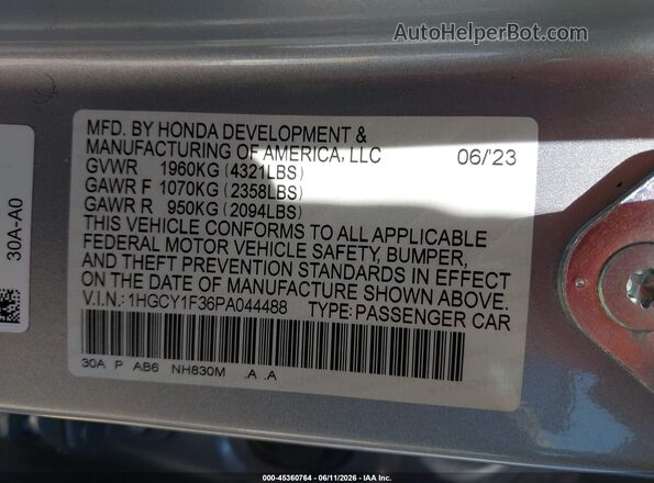 1HGCY1F36PA044488 2023 HONDA ACCORD Silver Շարժիչի բաժամունքի տեսք