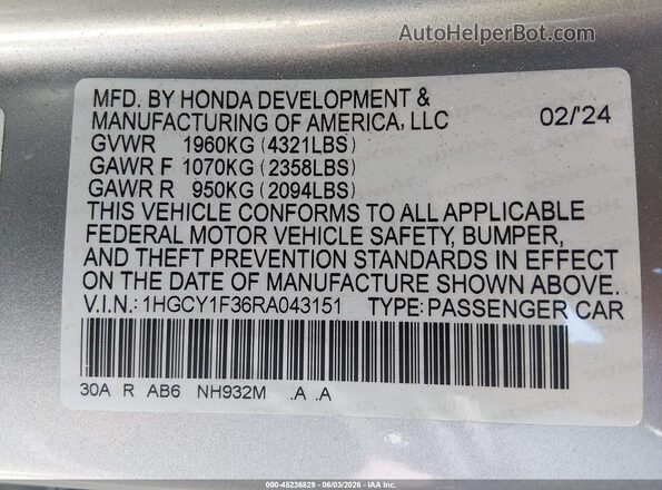 1HGCY1F36RA043151 2024 HONDA ACCORD Gray 
