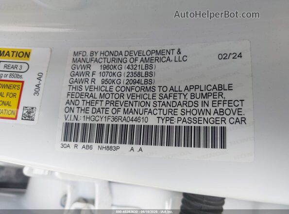 1HGCY1F36RA044610 2024 HONDA ACCORD White Engine compartment view