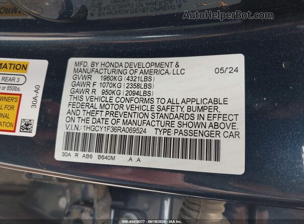 1HGCY1F36RA069524 2024 HONDA ACCORD Blue ძრავის განყოფილების ხედი