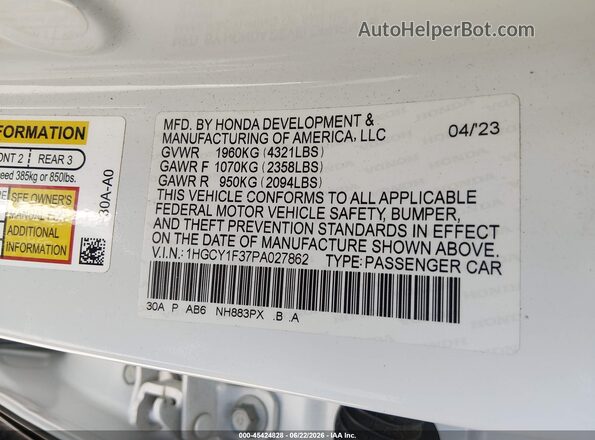 1HGCY1F37PA027862 2023 HONDA ACCORD White ძრავის განყოფილების ხედი