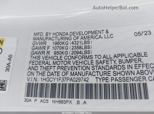1HGCY1F37PA029742 2023 HONDA ACCORD Белый Вид подкапотного пространства