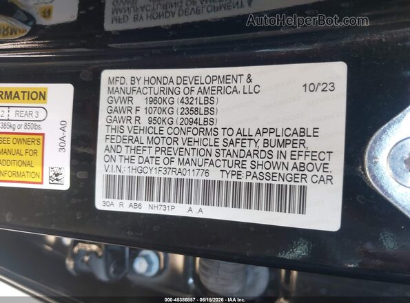 1HGCY1F37RA011776 2024 HONDA ACCORD Black ძრავის განყოფილების ხედი