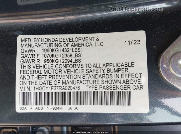 1HGCY1F37RA020476 2024 HONDA ACCORD Dark Blue Engine compartment view