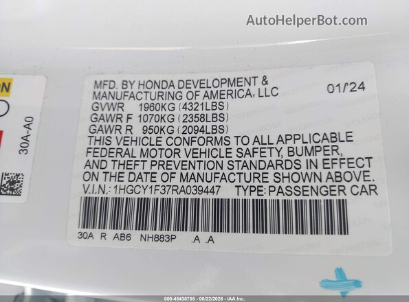 1HGCY1F37RA039447 2024 HONDA ACCORD White Widok komory silnika