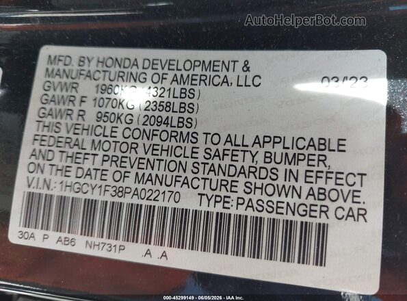 1HGCY1F38PA022170 2023 HONDA ACCORD Black Вид підкапотного простору
