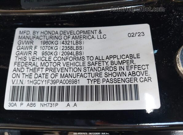1HGCY1F39PA006981 2023 HONDA ACCORD Black Engine compartment view