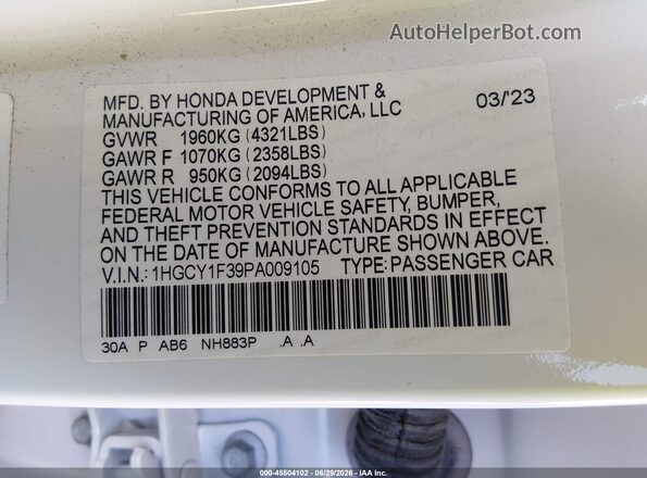 1HGCY1F39PA009105 2023 HONDA ACCORD White Vista del compartimento del motor